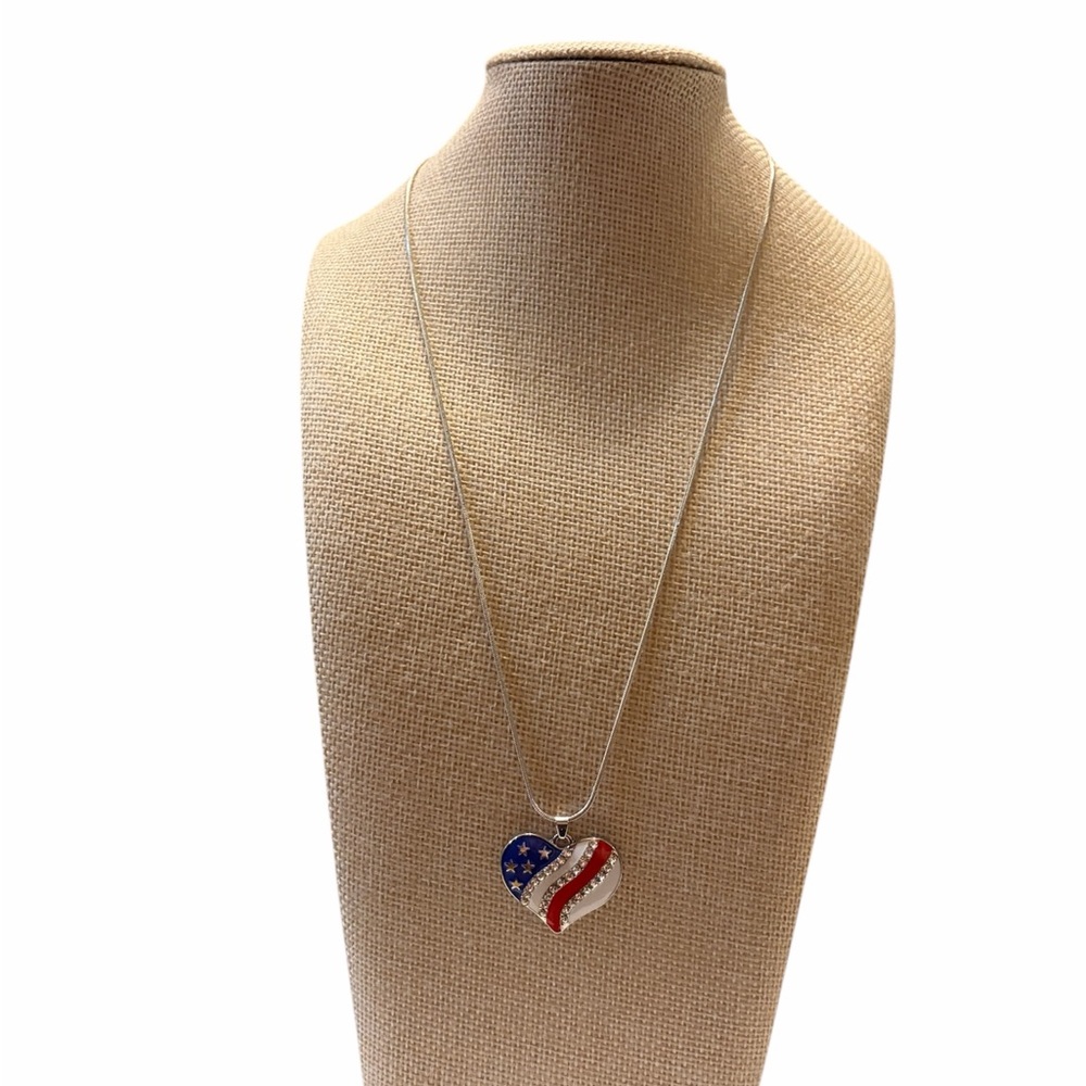 Patriotic Heart Pendant Necklace - Silver with Red, White & Blue Enamel